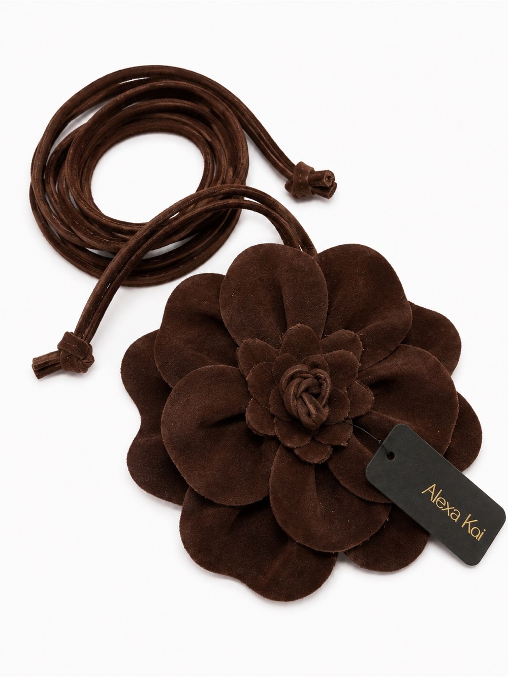 Alexa Koi Faux Suede Espresso 3D Flower Wrap Belt – 86” Boho Statement Belt